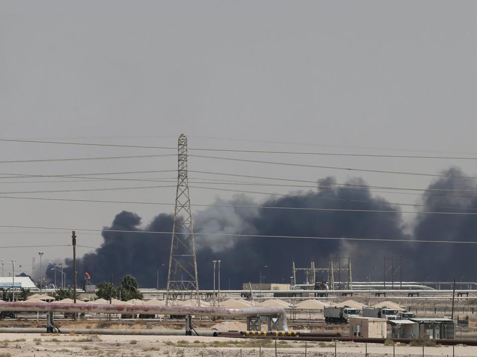 Smoke is seen following a fire at Aramco facility in the eastern city of Abqaiq, Saudi Arabia, September 14, 2019. REUTERS/Stringer