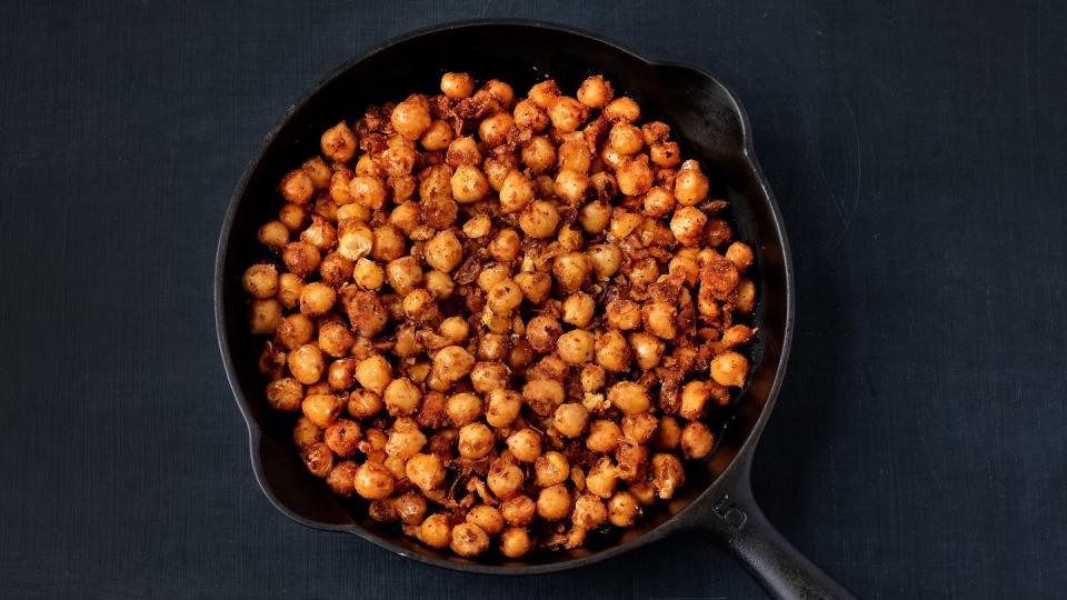 roasted chickpeas in a black cast iron skillet