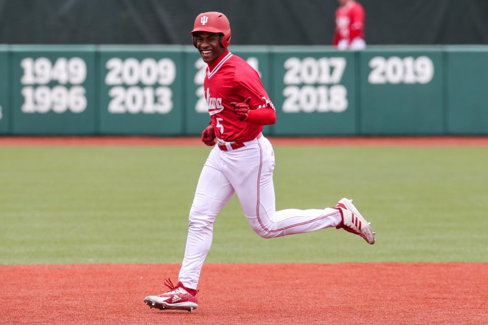 BLOOMINGTON, IN - April 30, 2023 - outfielder Devin Taylor #5 of the Indiana Hoosiers during the game between the Maryland Terrapins and the Indiana Hoosiers at Bart Kaufman Field in Bloomington, IN.