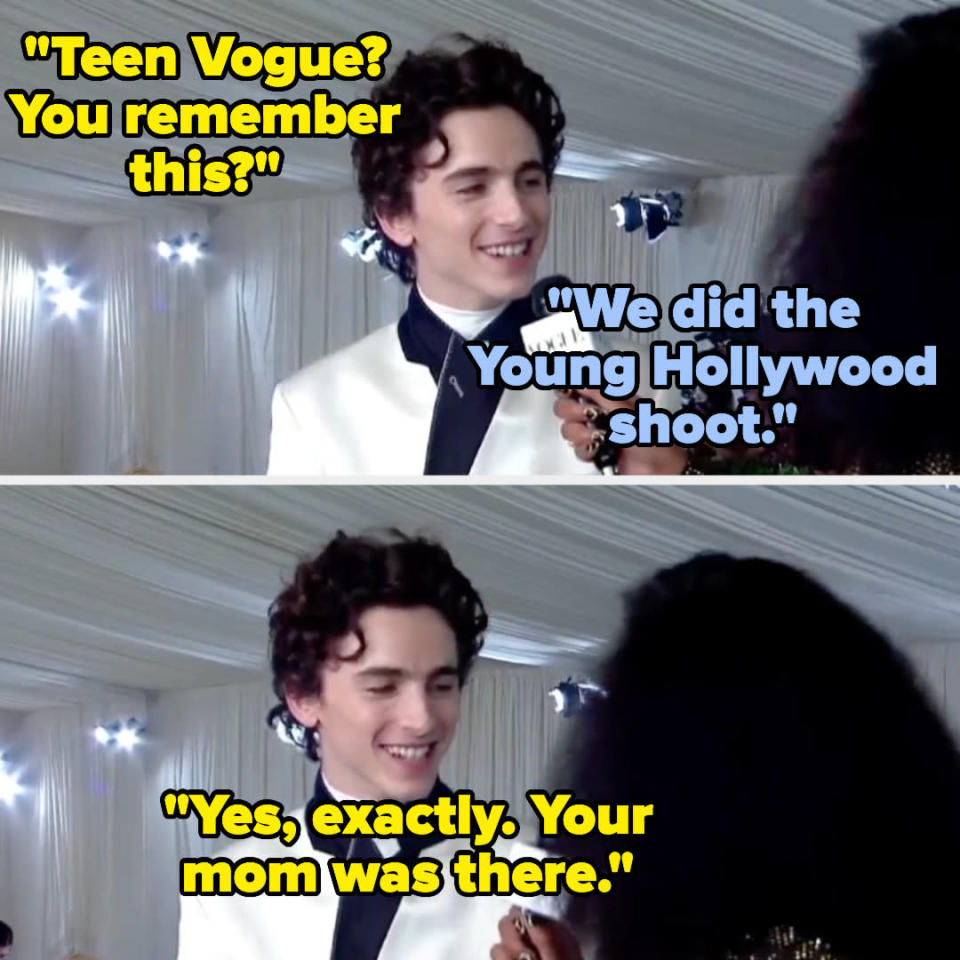 A smiling Timoth&#xe9;e tells Keke that they met at the Teen Vigue Young Hollywood shoot and that her mom was there