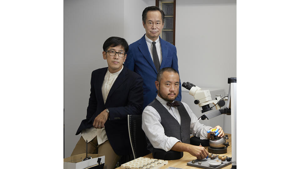Watchmaker Kosuke Fujita, founder and CEO Naoya Hida and engraver Keisuke Kano in Naoya Hida’s Tokyo studio