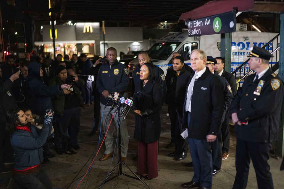 New York City Police Department First Deputy Commissioner Tanya Kinsella, center, speaks to the media after a shooting at the Mount Eden Avenue subway station, late Monday, Feb. 12, 2024, in the Bronx borough of New York. (AP Photo/Eduardo Munoz Alvarez)