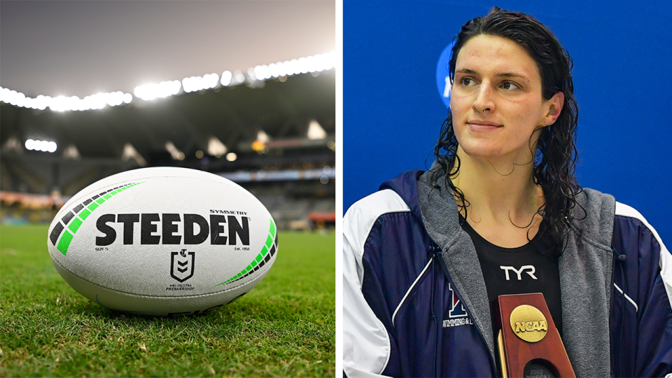 Rugby League ball (pictured left) and (pictured right) athlete Lia Thomas on the podium.