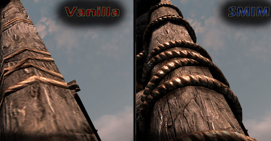 Best Skyrim mods — a screenshot showing the added depth and detail on a wooden column provided by the Static Mesh Improvements mod