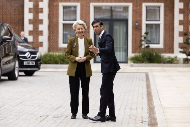 Prime Minister Rishi Sunak greets European commission president Ursula Von Der Leyen at the Fairmont Windsor Park hotel in Englefield Green, Windsor, Berkshire