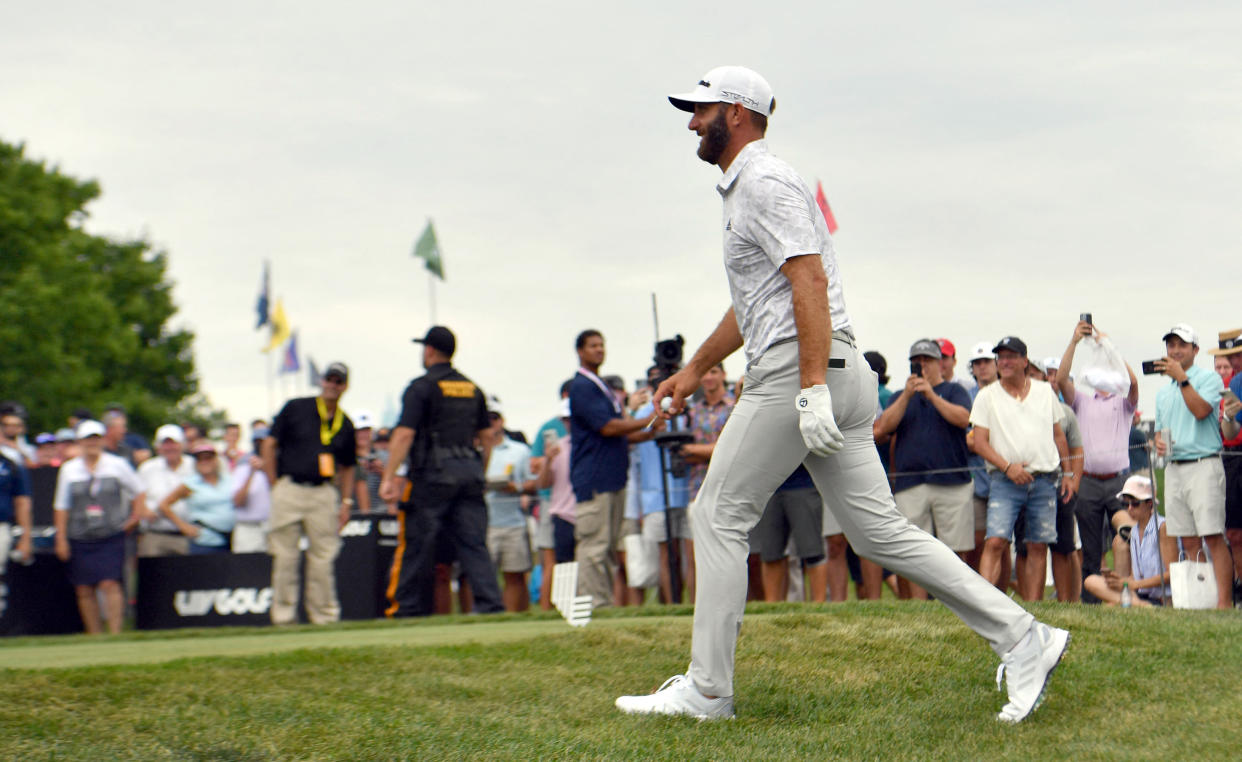 Jul 29, 2022; Dustin Johnson walks up to the first tee during the first round of a LIV Golf tournament at Trump National Golf Club Bedminster. (Jonathan Jones-USA TODAY Sports)