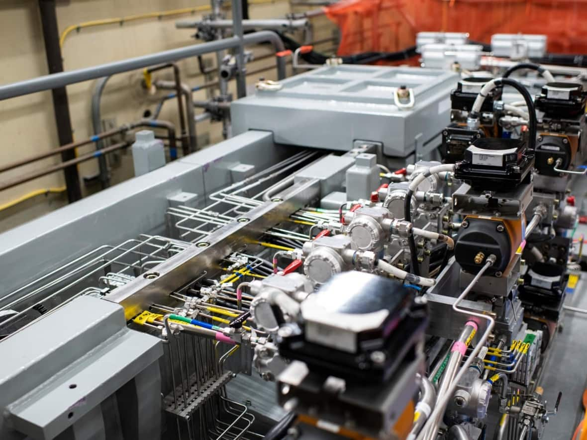 This equipment at the Darlington nuclear generating station for production of medical isotopes is called the 'target delivery system.' Its operator, Laurentis Energy Partners, says it is the world’s largest isotope irradiation system. The machinery currently produces molybdenum-99, used widely in scans for detecting cancers and heart disease, and will produce yttrium-90, a radioactive medical isotope used to treat liver cancer. (Laurentis Energy Partners - image credit)