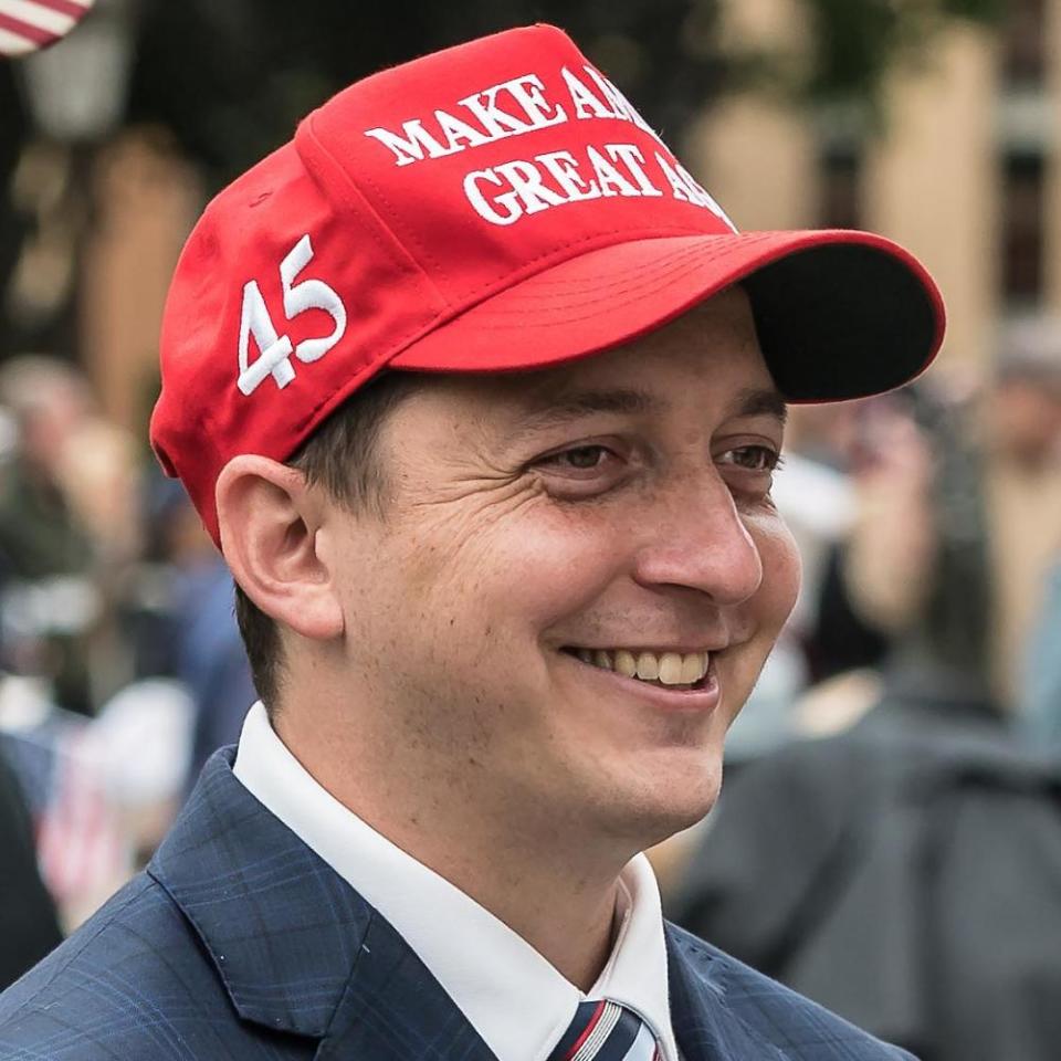 Representative Steve Carra is interviewed before the Michigan Election Integrity Rally, 12 Oct 2021.