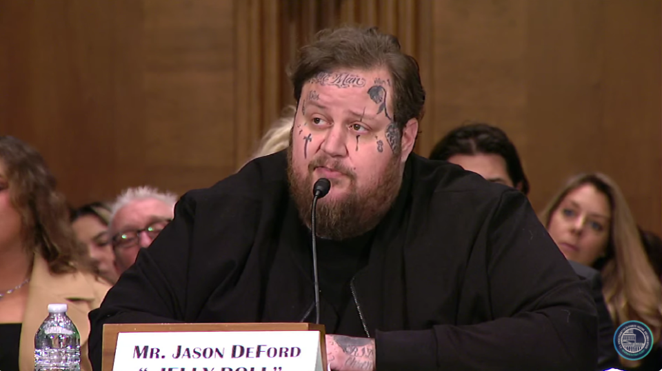 Musician Jelly Roll at Capitol Hill's Dirksen Senate Office Building, testifying at a United States Senate's Committee on Banking, Housing and Urban Affairs hearing entitled, "Stopping the Flow of Fentanyl: Public Awareness and Legislative Solutions," Jan. 11, 2024