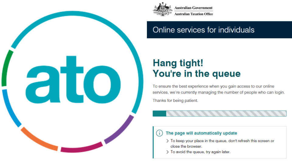 ATO logo and waiting room message.