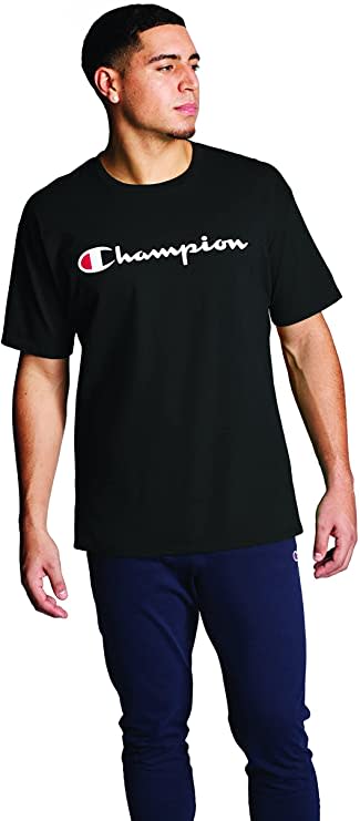 man wearing champion logo t-shirt