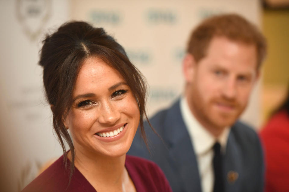 WINDSOR, UNITED KINGDOM - OCTOBER 25:  Meghan, Duchess of Sussex and Prince Harry, Duke of Sussex attend a roundtable discussion on gender equality with The Queens Commonwealth Trust (QCT) and One Young World at Windsor Castle on October 25, 2019 in Windsor, England. (Photo by Jeremy Selwyn - WPA Pool/Getty Images)