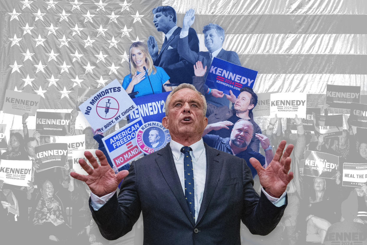 A collage of photos featuring Robert F. Kennedy Jr., his family, his supporters like wife Cheryl Hines, Elon Musk and Alex Jones, it has shows some anti-vaccine signs and a button from his campaign that is made to look vintage