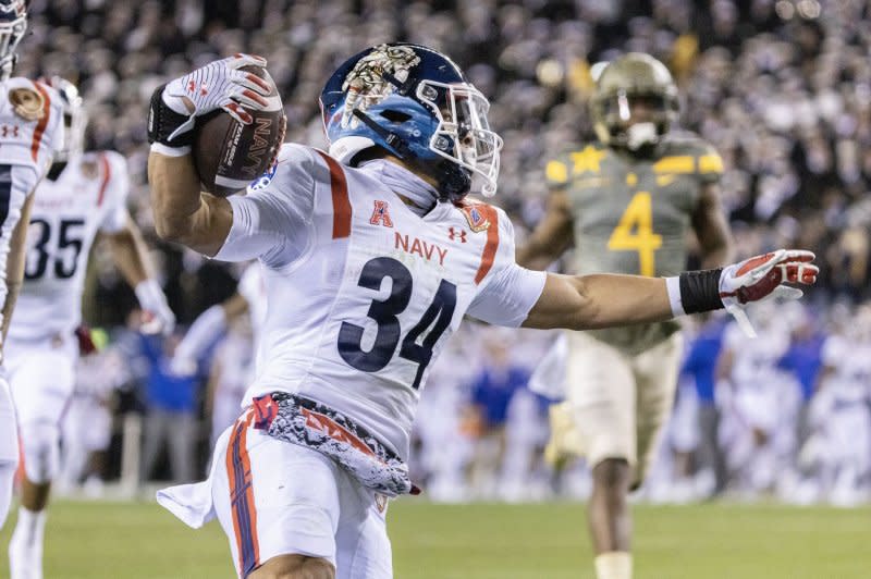 Running back Anton Hall Jr. and Navy will face Notre Dame at 2:30 p.m. EDT Saturday on NBC. File Photo by Laurence Kesterston/UPI