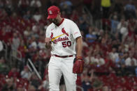 St. Louis Cardinals starting pitcher Adam Wainwright celebrates after getting Milwaukee Brewers' Carlos Santana to ground into a double play ending the top of the sixth inning of a baseball game Monday, Sept. 18, 2023, in St. Louis. (AP Photo/Jeff Roberson)
