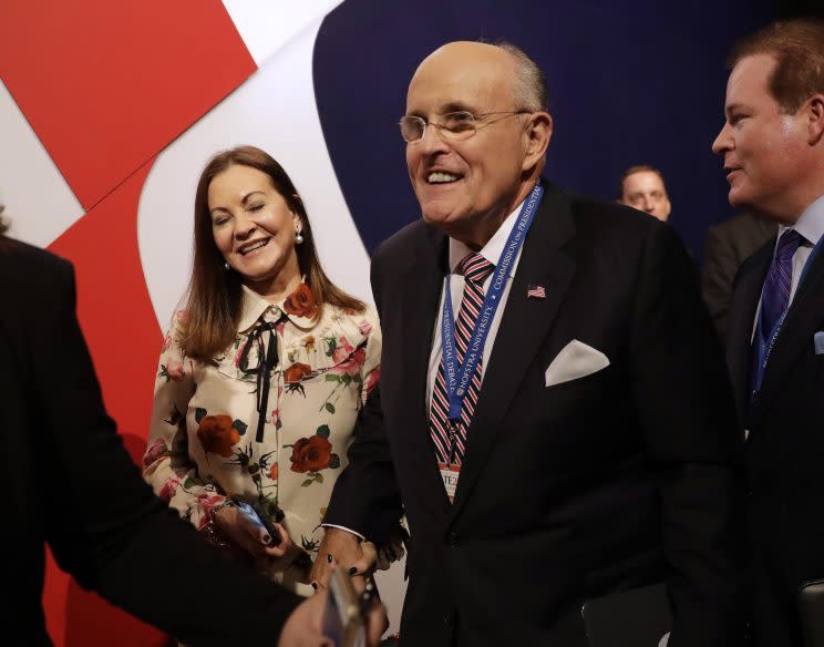 Rudy Giuliani arrives with his wife, Judith, for the presidential debate between Hillary Clinton and Donald Trump at Hofstra University in Hempstead, N.Y., on Monday. (Photo: Patrick Semansky/AP)