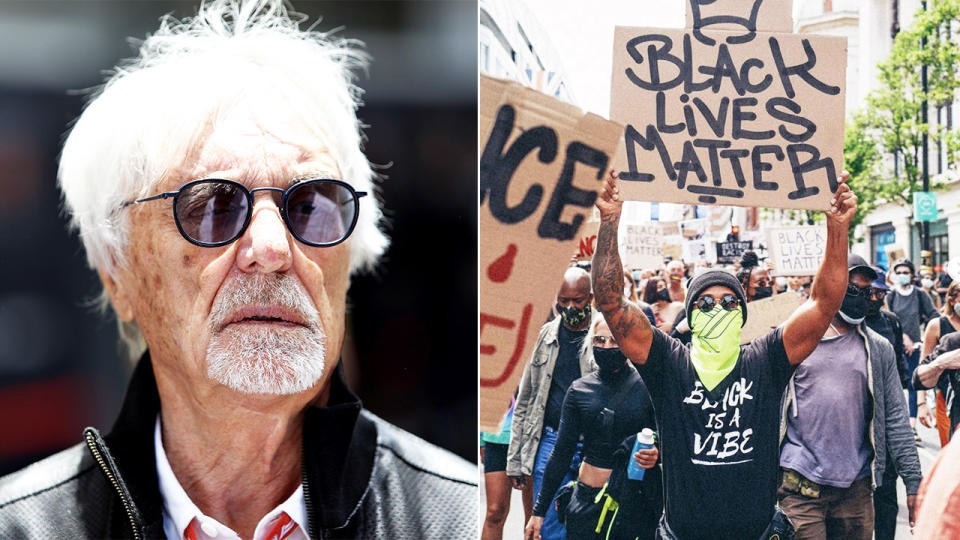 Lewis Hamilton (pictured right) protesting in the Black Lives Matter movement and former F1 chief Bernie Ecclestone. (Getty Images/@lewishamilton)