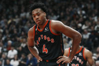 Toronto Raptors forward Scottie Barnes (4) looks on during the second half of an NBA basketball game against the Boston Celtics, in Toronto, Monday, Dec. 5, 2022. (Chris Young/The Canadian Press via AP)