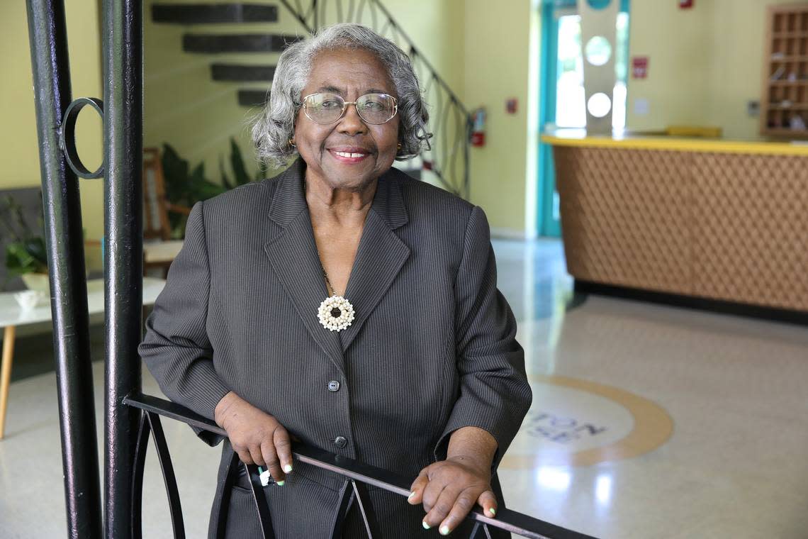 Historian and civil rights activist Enid Pinkney in the lobby of the historic Hampton House hotel in Brownsville, which she led the fight to save. Pinkney is concerned that her Brownsville neighborhood is being affected by the affordability crisis and gentrification.