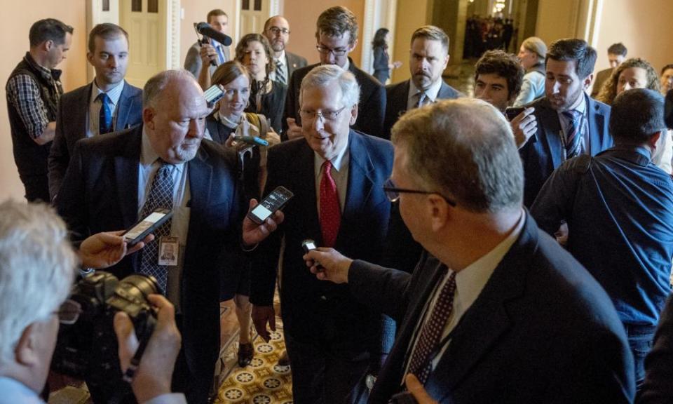 Mitch McConnell, the Senate majority leader, speaks to reporters as his party looks toward a vote on the proposed tax overhaul.