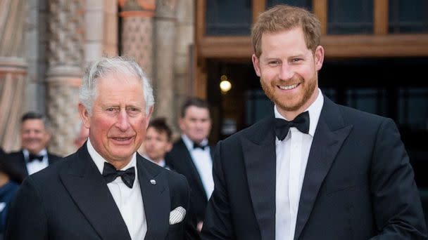 PHOTO: King Charles III and Prince Harry attend the 'Our Planet' global premiere at the Natural History Museum,April 4, 2019, in London. (Samir Hussein/WireImage via Getty Images)