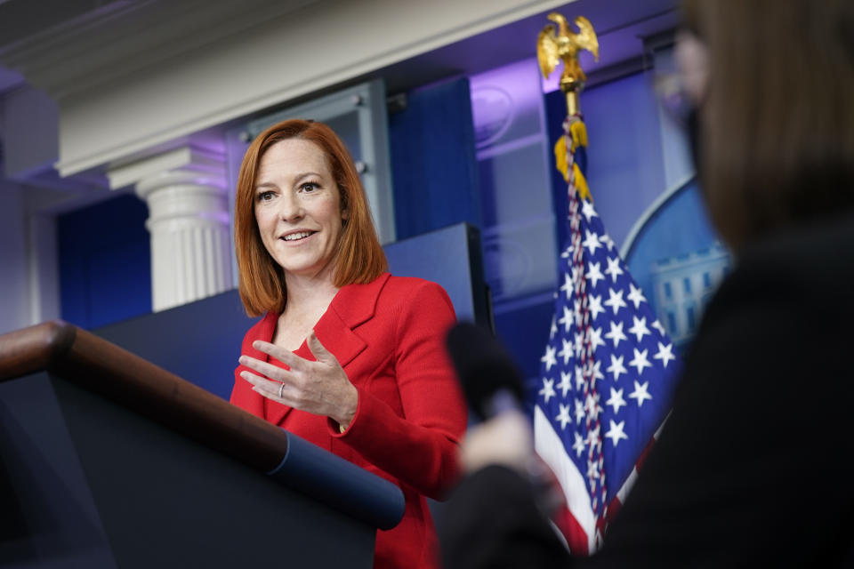 White House press secretary Jen Psaki speaks during a press briefing at the White House, Monday, April 12, 2021, in Washington. (AP Photo/Patrick Semansky)