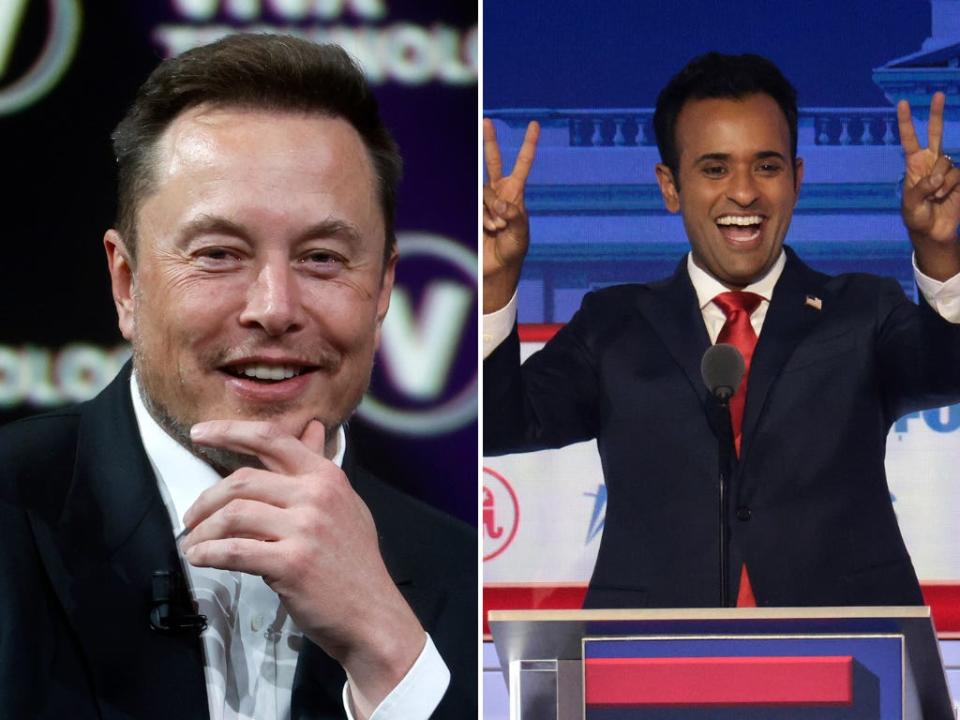 A composite image of Elon Musk and Vivek Ramaswamy. Musk is wearing a dark suit with a white shirt. Ramaswamy is standing behind a debate podium, his hands in Vs, wearing a red tie.