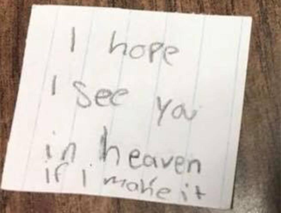 A note written by a student to Mike Sawyer reads "I hope I see you in heaven if I make it."