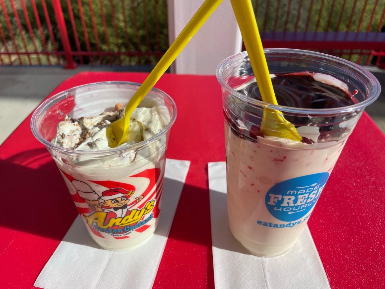 Andy's Frozen Custard on Kingston Pike in Bearden serves concretes (a vanilla base with mix-in toppings) and Jackhammers (concretes with center-filled toppings) as well as familiar offerings like shakes, malts, waffle cones, cups, sundaes and splits.
