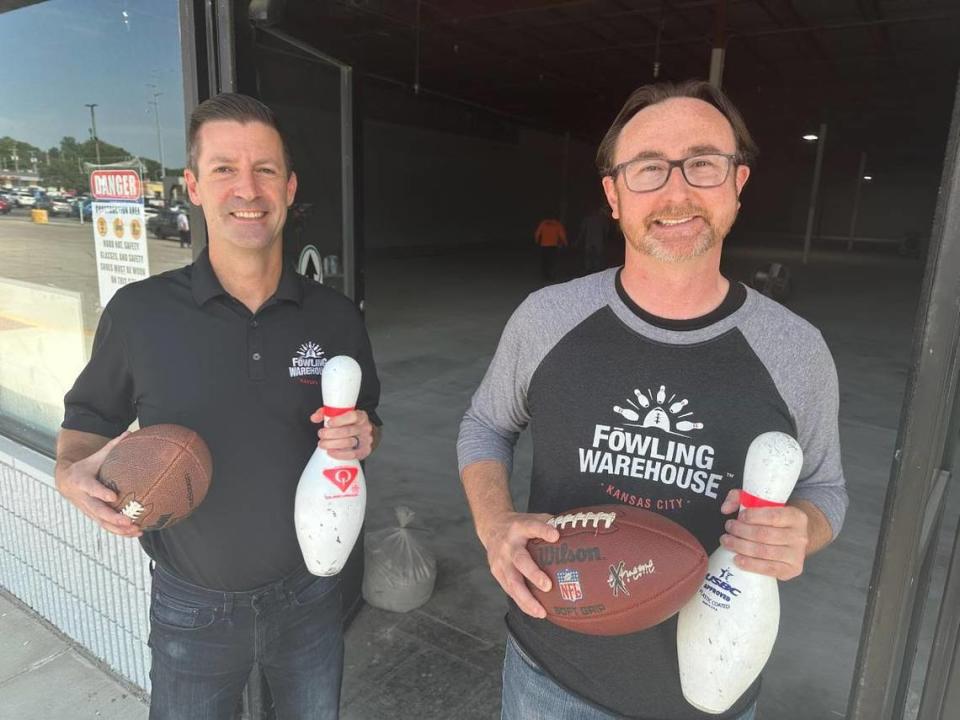 Dave Dunn, left, and Charley Puhr at their Fowling Warehouse, now under construction in south Kansas City.