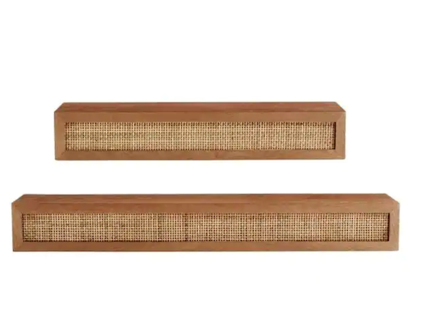 Natural Wood Floating Wall Shelves with Rattan Caning Detail 