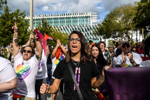 PHOTO:  Members and supporters of the LGBTQ community attend the 'Say Gay Anyway' rally in Miami, March 13, 2022. Florida's state senate passed a bill banning lessons on sexual orientation and gender identity in elementary schools. (Chandan Khanna/AFP via Getty Images)