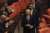 Kemal Kilicdaroglu, the leader of the main opposition Republican People's Party, arrives before Turkey's parliament authorized the deployment of troops to Libya to support the U.N.-backed government in Tripoli battle forces loyal to a rival government that is seeking to capture the capital, in Ankara, Turkey, Thursday, Jan. 2, 2020. Turkish lawmakers voted 325-184 at an emergency session in favor of a one-year mandate allowing the government to dispatch troops amid concerns that Turkish forces could aggravate the conflict in Libya and destabilize the region.(AP Photo/Burhan Ozbilici)