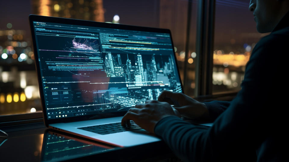 A close-up of a laptop with a software engineer coding on the monitor.