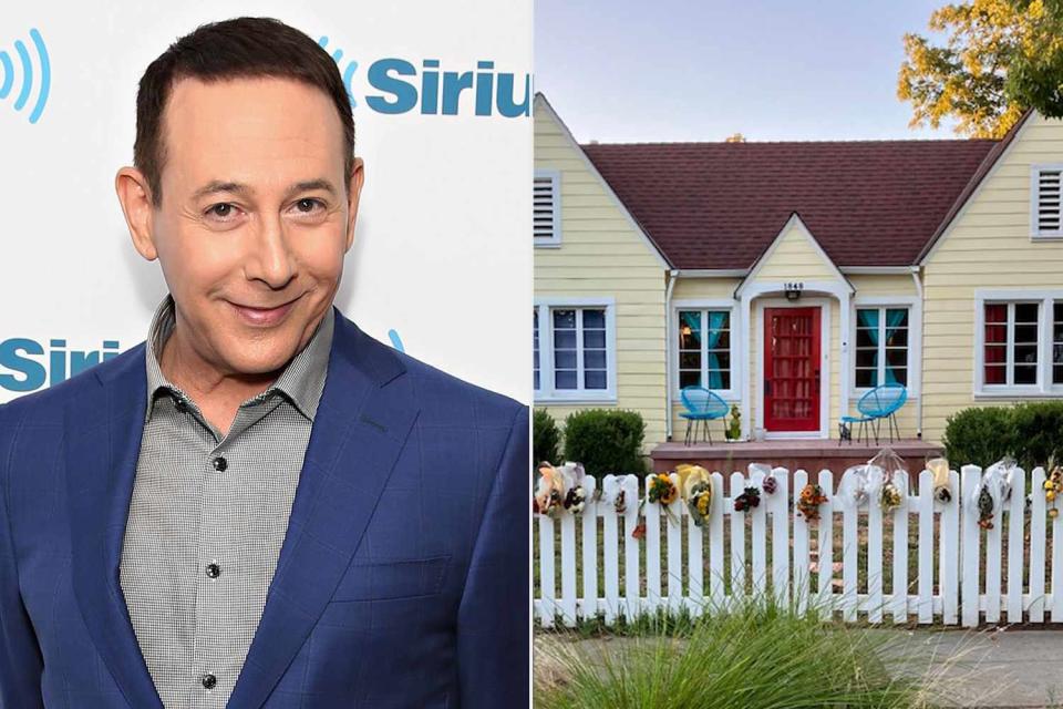 <p>Cindy Ord/Getty Images</p> Paul Reubens fans leave flowers outside of the home used in 