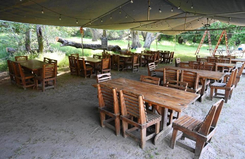 Mealtime tables await rafters for the 2023 season of white water rafting on the upper Kings River through Kings River Expeditions at their Twin Pines base camp at Kirch Flat east of Fresno.