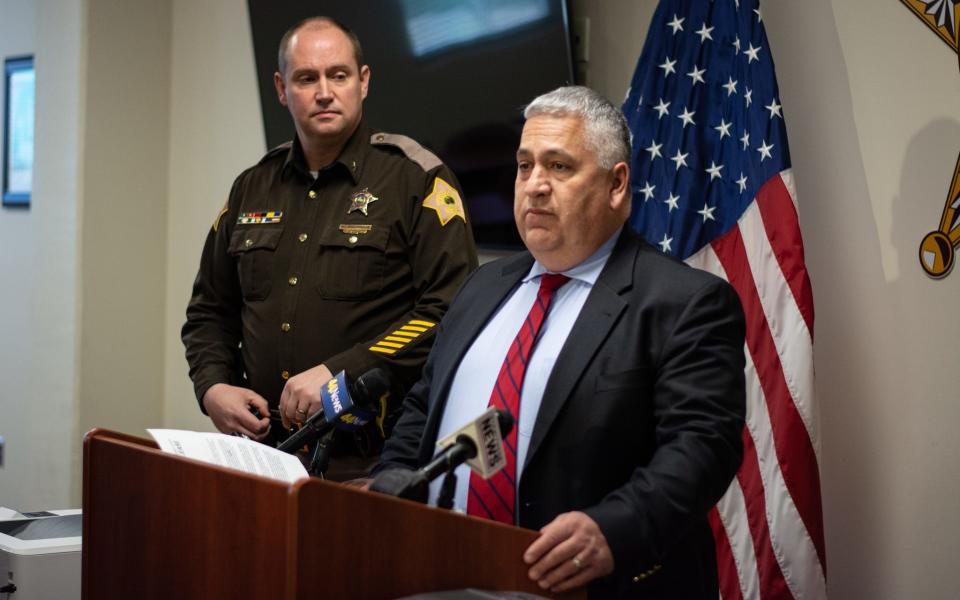 Vanderburgh County Sheriff's Office detective Doug Daza (right) speaks to the news media alongside Sheriff Noah Robinson Tuesday, Feb. 27, 2023, regarding a double shooting that occurred one day prior in the 5100 block of Cypress Dale Road in Vanderburgh County.