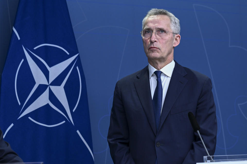 NATO Secretary General Jens Stoltenberg during a joint press conference with Sweden's Prime Minister Ulf Kristersson after a meeting with all Swedish party leaders who are in favor of a Swedish NATO membership in Stockholm, Sweden, Tuesday, March 7, 2023. NATO membership for Finland and Sweden is “a top priority,” alliance chief Jens Stoltenberg said Tuesday, urging members Turkey and Hungary to urgently ratify the Nordic countries’ accession. (Jonas Ekstromer/TT News Agency via AP)