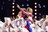 Singer Jennifer Lopez performs with her daughter Emme Maribel MuÃ±iz while a Puerto Rican flag is displayed on stage during the Pepsi Super Bowl LIV Halftime Show at Hard Rock Stadium on February 02, 2020 in Miami, Florida. (Photo by Kevin C. Cox/Getty Images)