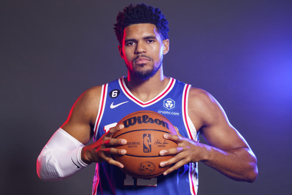 Philadelphia 76ers' Tobias Harris poses for a photograph during media day at the NBA basketball team's practice facility, Monday, Sept. 26, 2022, in Camden, N.J. (AP Photo/Chris Szagola)