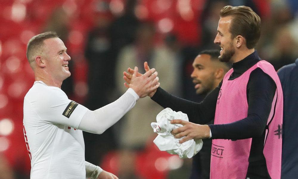 Wayne Rooney and the current England captain, Harry Kane, enjoy the moment after the 3-0 win over the USA at Wembley.