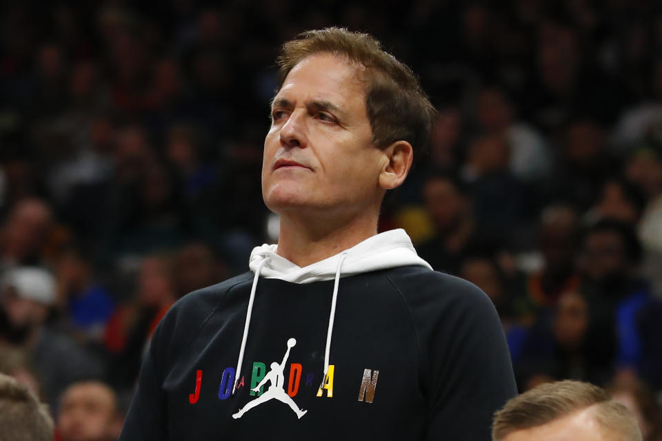 ATLANTA, GA - FEBRUARY 22: Dallas Mavericks owner Mark Cuban watches on from behind the bench during the second half of an NBA game against the Atlanta Hawks at State Farm Arena on February 22, 2020 in Atlanta, Georgia. NOTE TO USER: User expressly acknowledges and agrees that, by downloading and/or using this photograph, user is consenting to the terms and conditions of the Getty Images License Agreement. (Photo by Todd Kirkland/Getty Images)