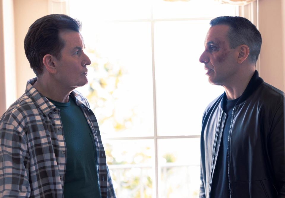 Charlie Sheen (left) and Sebastian Maniscalco share a scene in "Bookie," a new Max series from TV veteran Chuck Lorre, who famously directly Sheen in "Two and a Half Men" before the duo ended up at loggerheads more than a decade back.