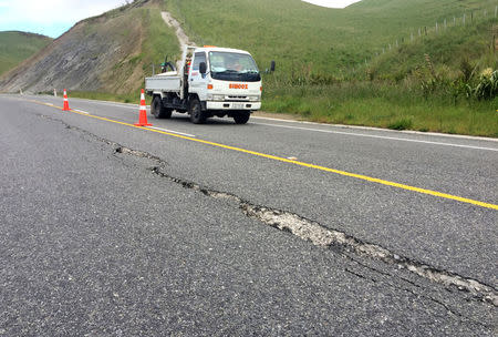 A truck drives along a fractured road caused by an earthquake between the towns of Seddon and Ward on New Zealand's South Island, November 14, 2016. REUTERS/Anthony Phelps