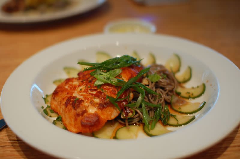 Miso-glazed salmon with Buckwheat soba noodles & pickled cucumbers