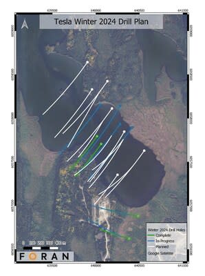 Figure 5- Plan view of winter 2024 planned drill collars and traces, looking NE. Holes are designed to test the potential extent of Tesla and provide addition intersections for the newly-discovered Bridge Zone (CNW Group/Foran Mining Corporation)