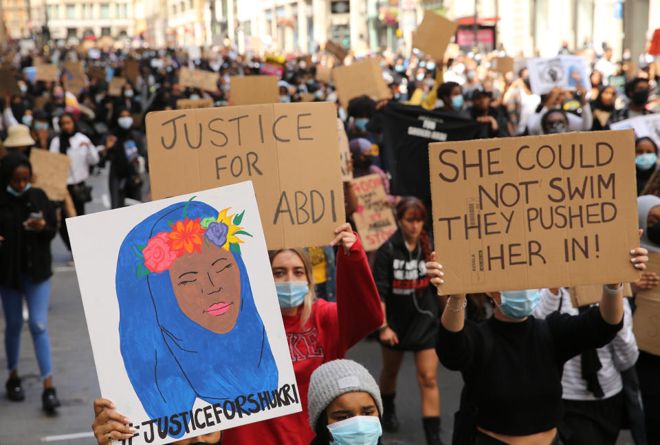 LONDON, UNITED KINGDOM - JUNE 27: Protesters holding banners during a Black Lives Matter protest asking for justice for the death of Shukri Abdi, march through central London, United Kingdom on Saturday June 27, 2020. The body of 12-year-old Shukri Abdi was found in the River Irwell in Bury on 27 June, 2019. (Photo by Isabel Infantes/Anadolu Agency via Getty Images)