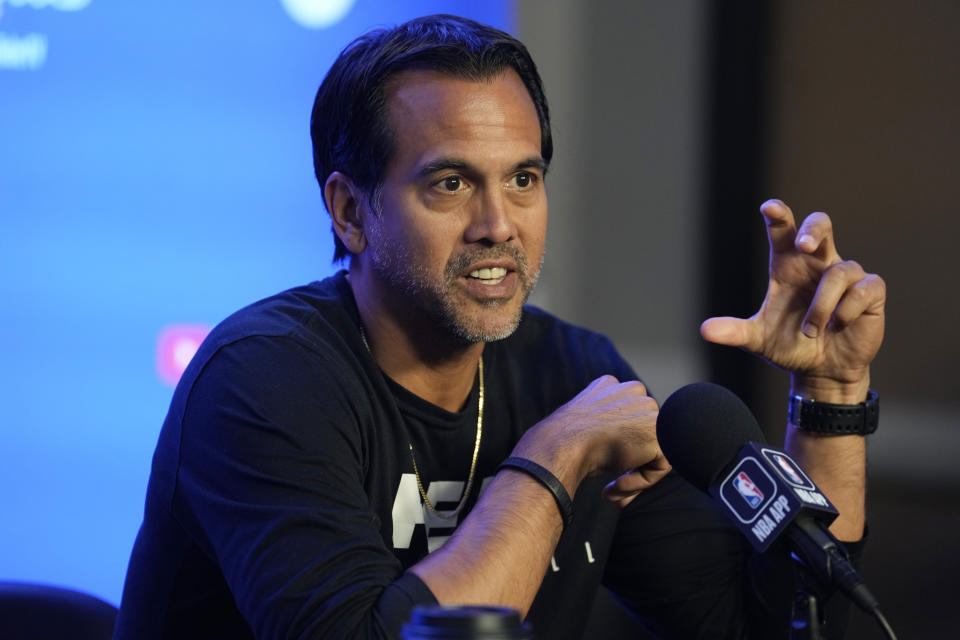 Miami Heat head coach Erik Spoelstra responds to a question during a news conference before Game 1 of the NBA basketball finals against the Denver Nuggets Wednesday, May 31, 2023, in Denver. The Heat face the Denver Nuggets in Game 1 of the NBA Finals Thursday. (AP Photo/David Zalubowski)