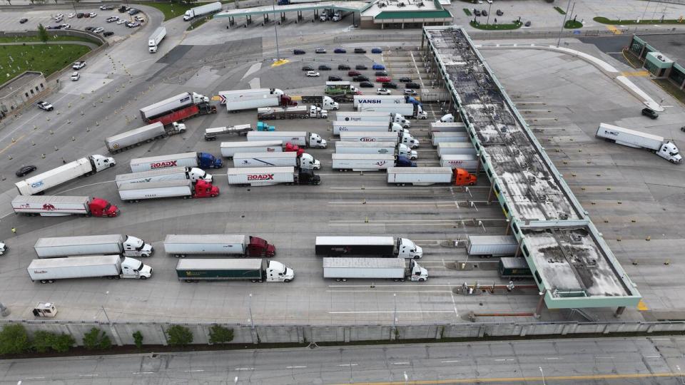 Trucks lined up at the Ambassador Bridge in Windsor, Ont.