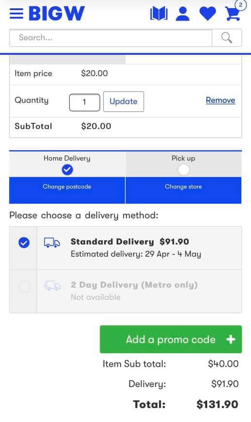 A=Screenshot of delivery fee of $91.90 on Big W $40 order during coronavirus pandemic